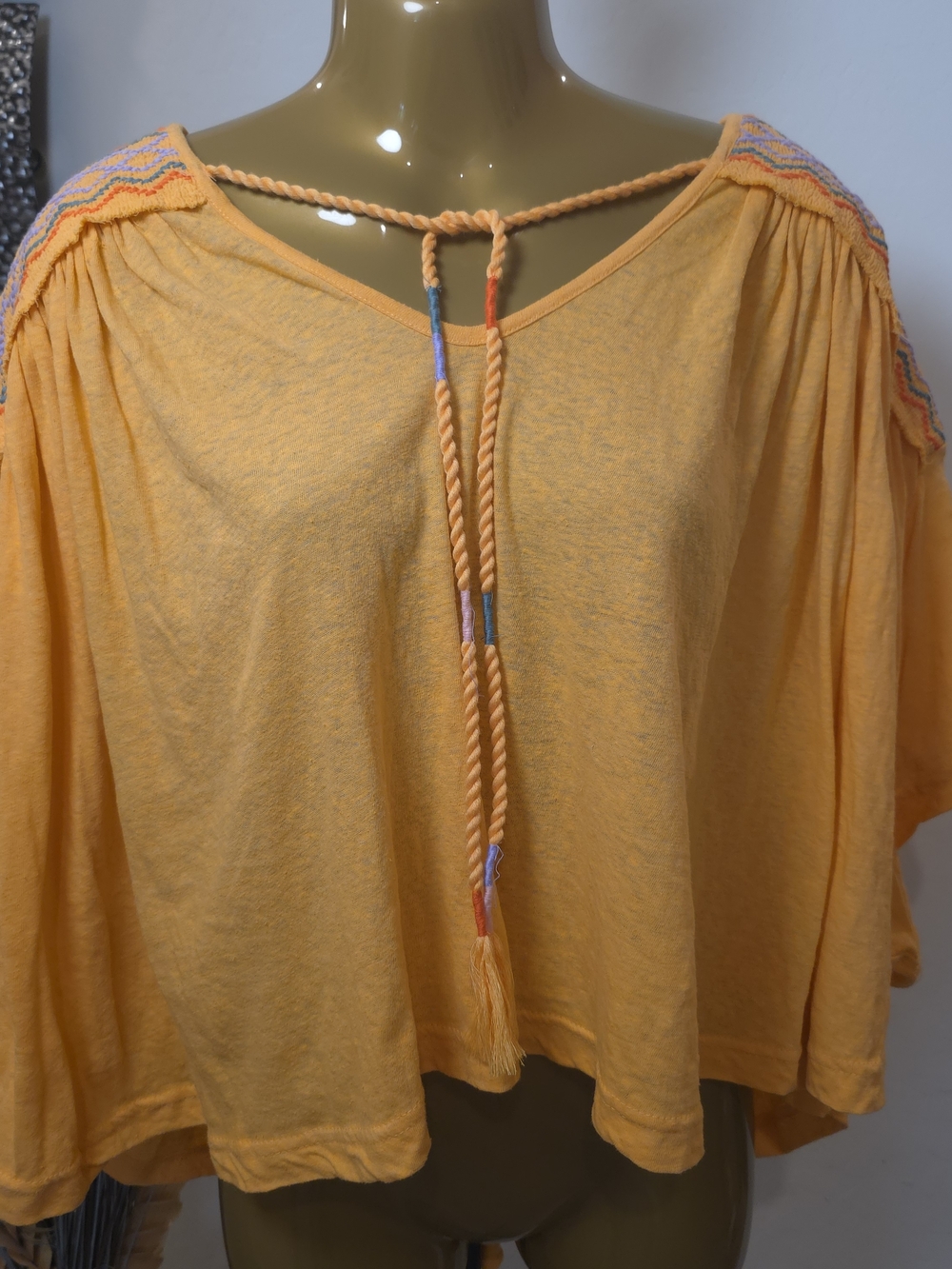 Free People womens M/m shirt Orange embroidered boho peasant Top